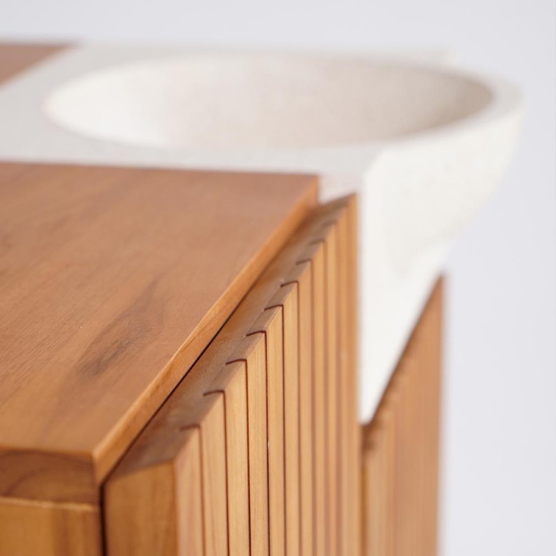 Meuble lave-mains en bois de teck massif et vasque en terrazzo blanc - Neela