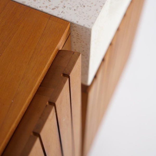 Meuble lave-mains en bois de teck massif et vasque en terrazzo blanc - Neela