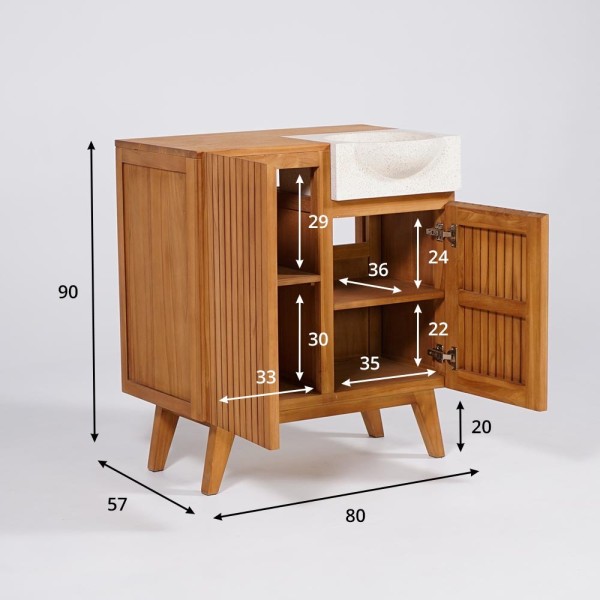 Meuble lave-mains en bois de teck massif et vasque en terrazzo blanc - Neela