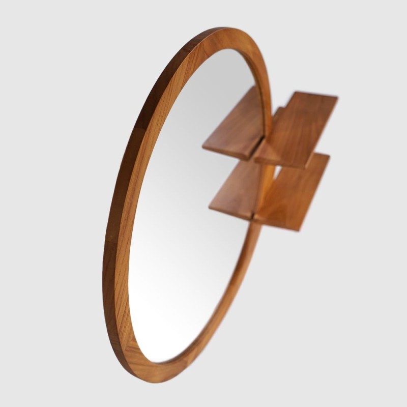 Miroir ovale avec encadrement et tablettes intégrees en teck - Leela
