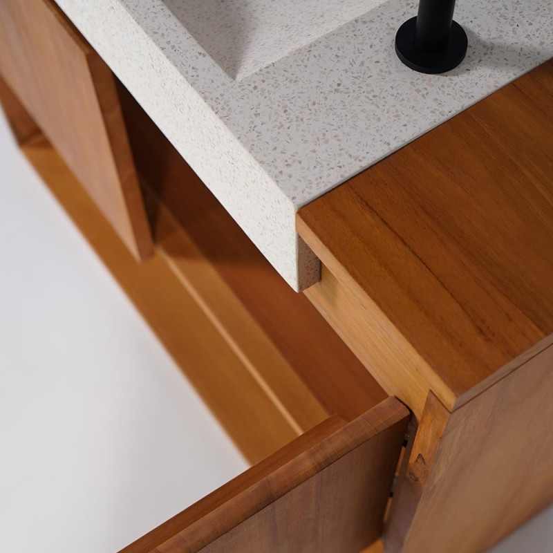 Meuble lave-mains suspendu en bois de teck massif et vasque en terrazzo blanc - Oviya
