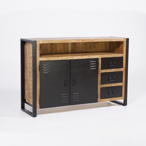 Buffet industriel en bois massif avec 2 portes et 3 tiroirs en métal noir 150 cm - Kansas