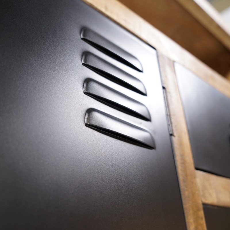 Buffet industriel en bois massif avec 2 portes et 3 tiroirs en métal noir 150 cm - Kansas