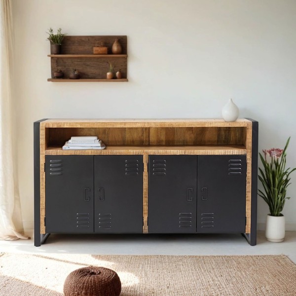 Buffet industriel en bois massif avec 4 portes en métal noir 180 cm - Kansas