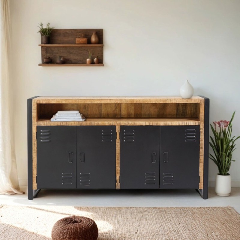 Buffet industriel en bois massif avec 4 portes en métal noir 180 cm - Kansas