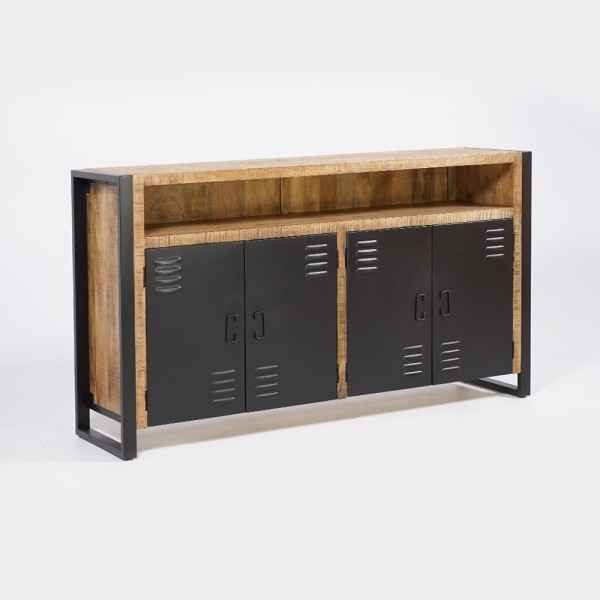 Buffet industriel en bois massif avec 4 portes en métal noir 180 cm - Kansas