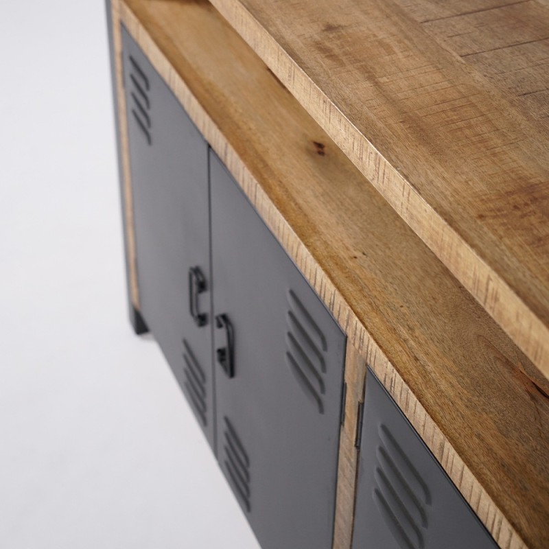 Buffet industriel en bois massif avec 4 portes en métal noir 180 cm - Kansas