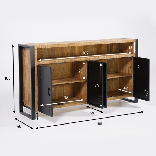 Buffet industriel en bois massif avec 4 portes en métal noir 180 cm - Kansas