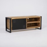 Petit meuble TV industriel 130 cm en bois massif avec porte en métal noir - Kansas