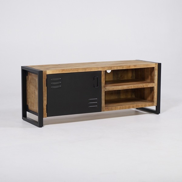 Petit meuble industriel 130 cm en bois massif avec porte en métal noir - Kansas