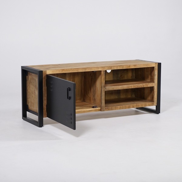 Petit meuble industriel 130 cm en bois massif avec porte en métal noir - Kansas