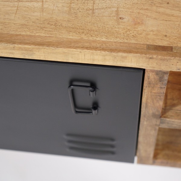 Petit meuble industriel 130 cm en bois massif avec porte en métal noir - Kansas