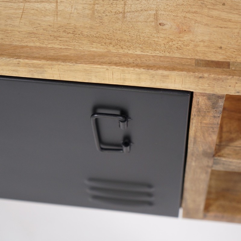 Petit meuble industriel 130 cm en bois massif avec porte en métal noir - Kansas