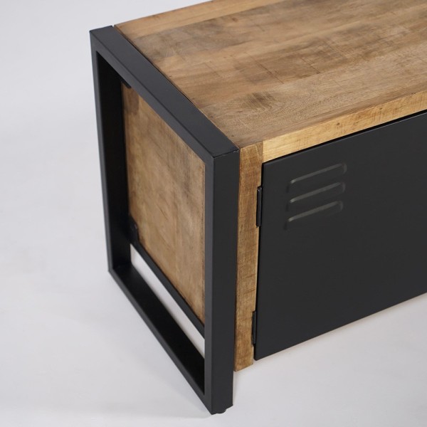 Petit meuble industriel 130 cm en bois massif avec porte en métal noir - Kansas