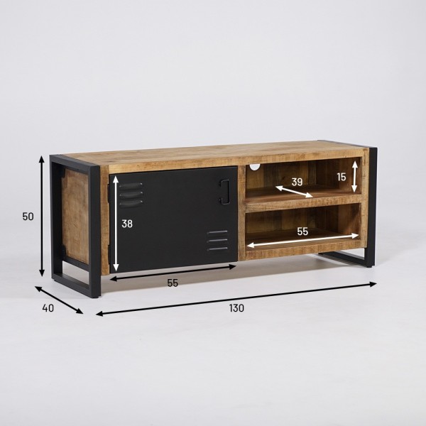 Petit meuble industriel 130 cm en bois massif avec porte en métal noir - Kansas