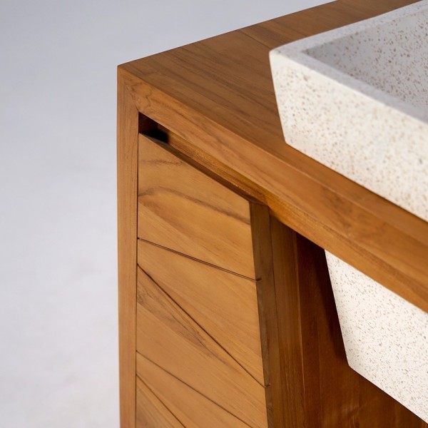 Meuble de salle de bain en bois massif de teck et double vasques en terrazzo blanc - Meera