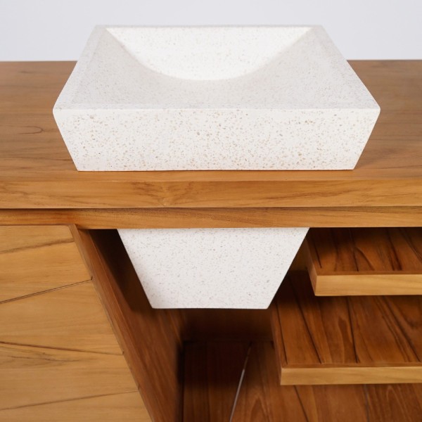 Meuble de salle de bain en bois massif de teck et double vasques en terrazzo blanc - Meera