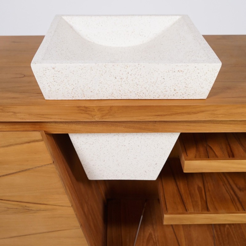Meuble de salle de bain en bois massif de teck et double vasques en terrazzo blanc - Meera