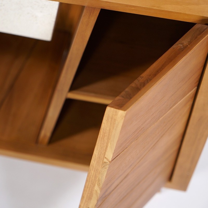 Meuble de salle de bain en bois massif de teck et double vasques en terrazzo blanc - Meera