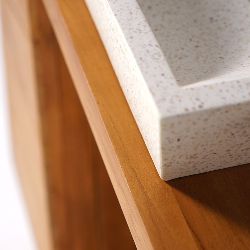 Meuble de salle de bain en bois massif de teck et double vasques en terrazzo blanc - Meera