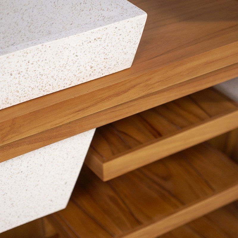 Meuble de salle de bain en bois massif de teck et double vasques en terrazzo blanc - Meera