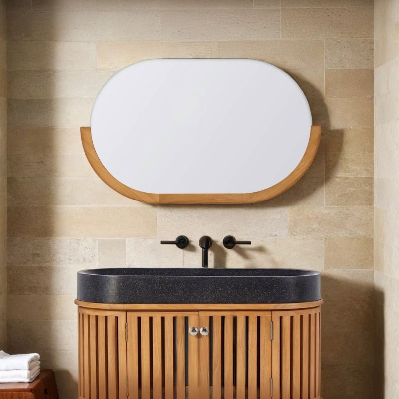 Miroir 90 cm avec bords arrondis et encadrement en teck - Keya