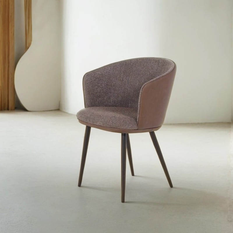 Chaise de salle à manger en tissu bouclé marron, cuir synthétique marron et pieds en métal noir - Hey