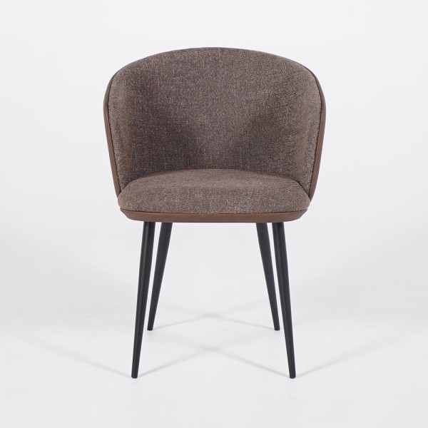 Chaise de salle à manger en tissu bouclé marron, cuir synthétique marron et pieds en métal noir - Hey