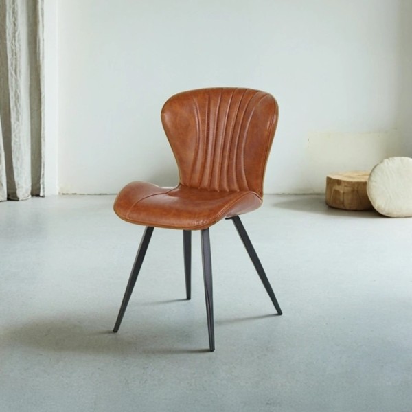 Chaise de salle à manger en cuir synthétique marron et pieds en métal noir - Harmonia