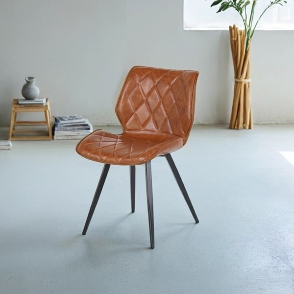 Chaise de salle à manger en cuir synthétique marron et pieds en métal noir - Luna