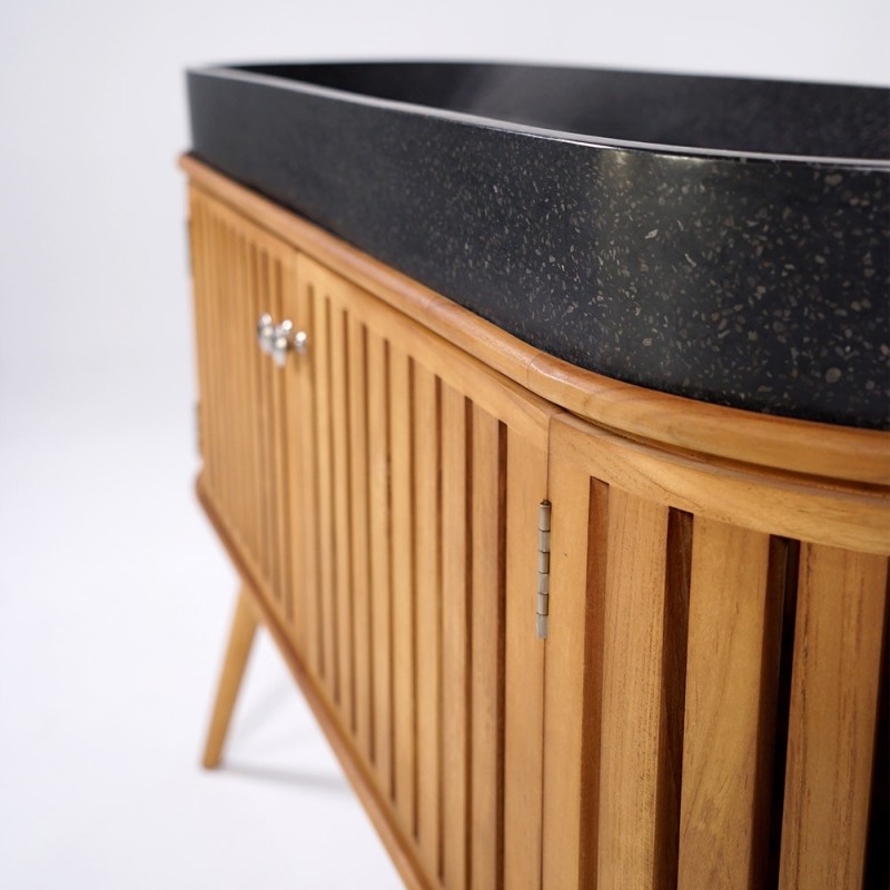 Meuble de salle de bain 120 cm en teck massif et vasque en terrazzo noir - Keya