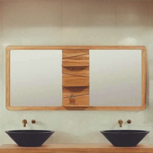 Miroir double sur support en teck avec tablettes - Sahar