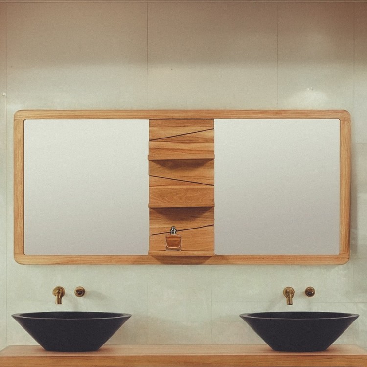 Miroir double sur support en teck avec tablettes - Sahar