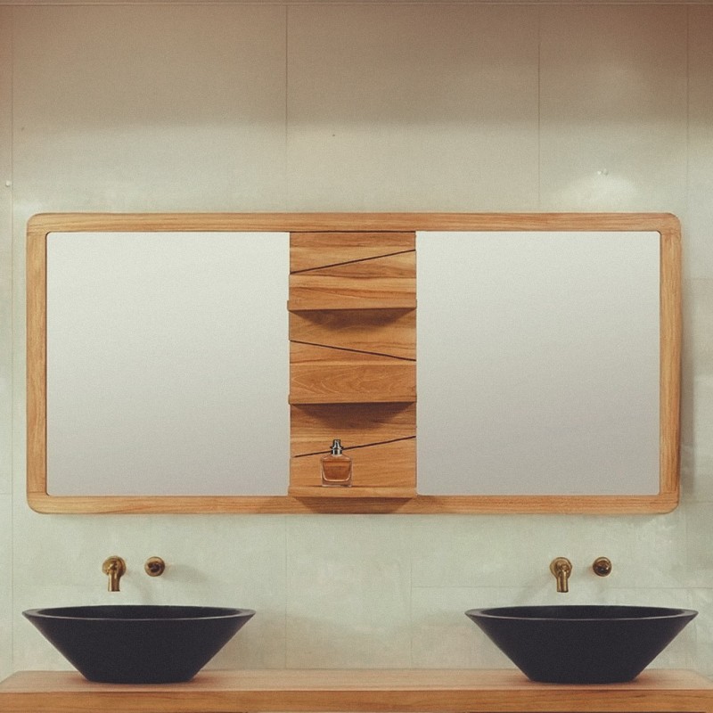 Miroir double sur support en teck avec tablettes - Sahar