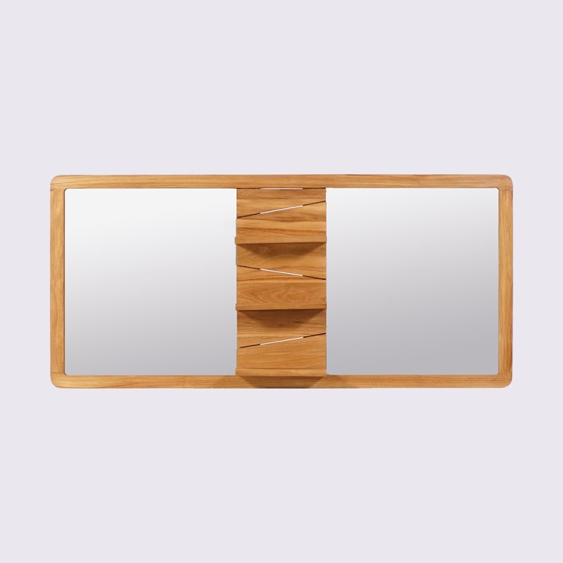 Miroir double sur support en teck avec tablettes - Sahar