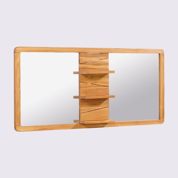 Miroir double sur support en teck avec tablettes - Sahar