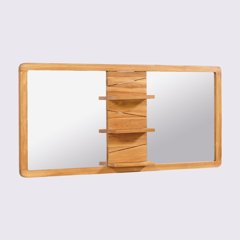 Miroir double sur support en teck avec tablettes - Sahar