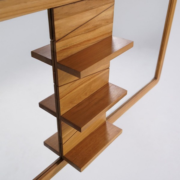Miroir double sur support en teck avec tablettes - Sahar