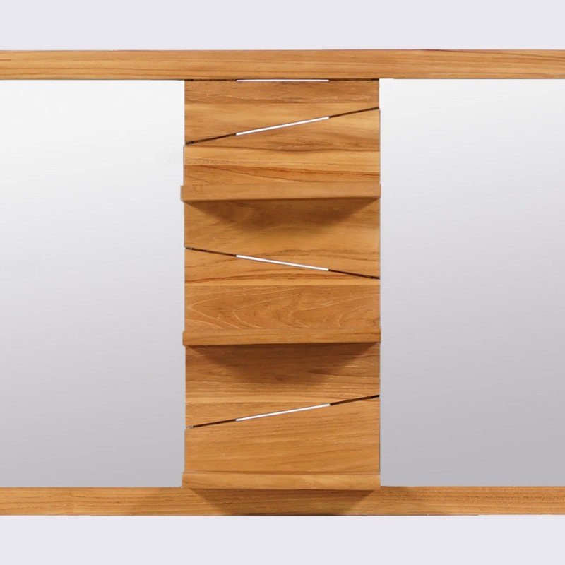 Miroir double sur support en teck avec tablettes - Sahar