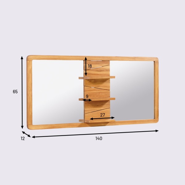 Miroir double sur support en teck avec tablettes - Sahar