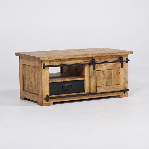 Table basse industrielle bois massif de manguier et métal - Paris