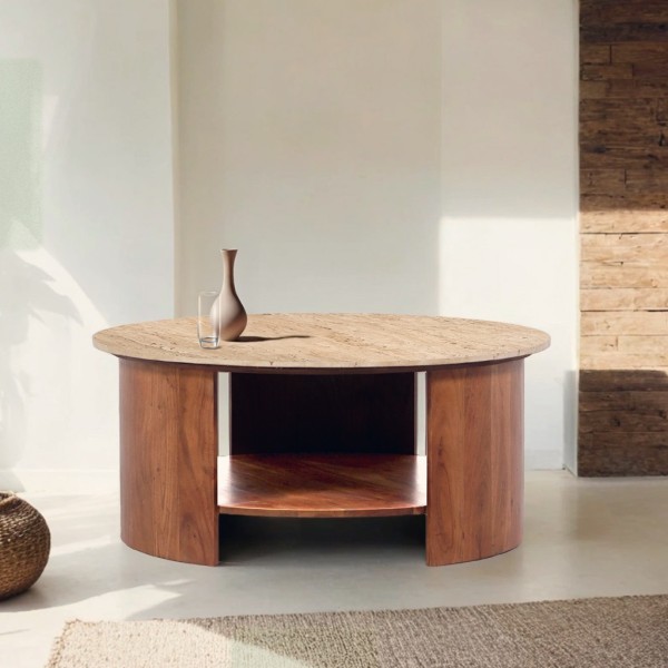 Table basse en bois massif avec plateau en travertin