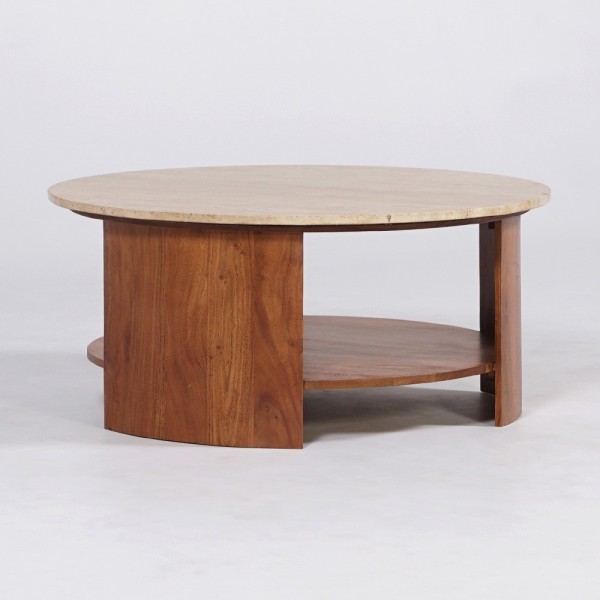 Table basse en bois massif avec plateau en travertin