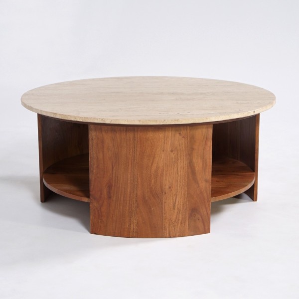 Table basse en bois massif avec plateau en travertin