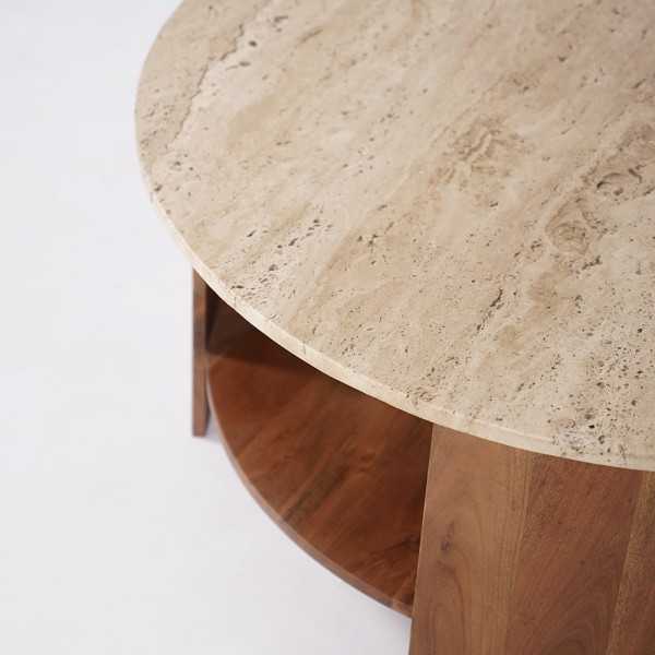 Table basse en bois massif avec plateau en travertin