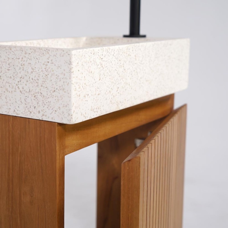 Meuble lave-mains suspendu en bois de teck massif et vasque en terrazzo blanc - Trishna