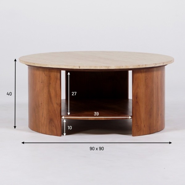 Table basse en bois massif avec plateau en travertin