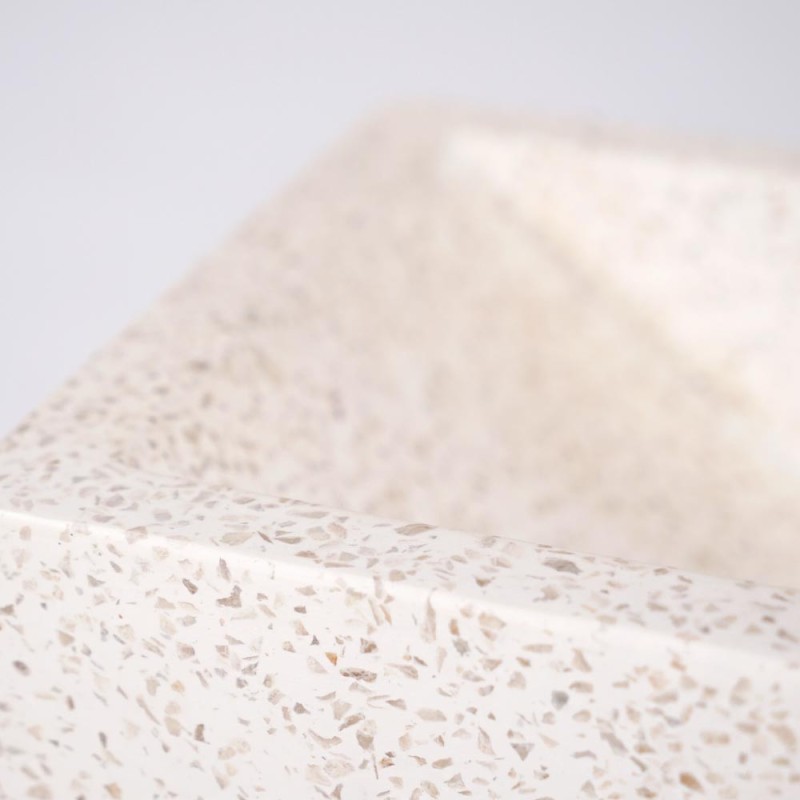 Meuble lave-mains suspendu en bois de teck massif et vasque en terrazzo blanc - Tusti