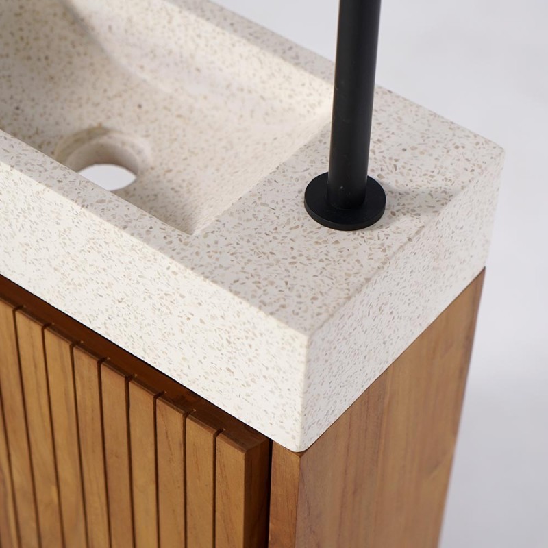 Meuble lave-mains suspendu en bois de teck massif et vasque en terrazzo blanc - Tusti
