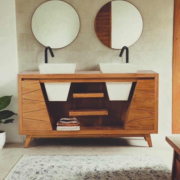 Meuble de salle de bain en bois massif de teck et double vasques en terrazzo blanc - Meera